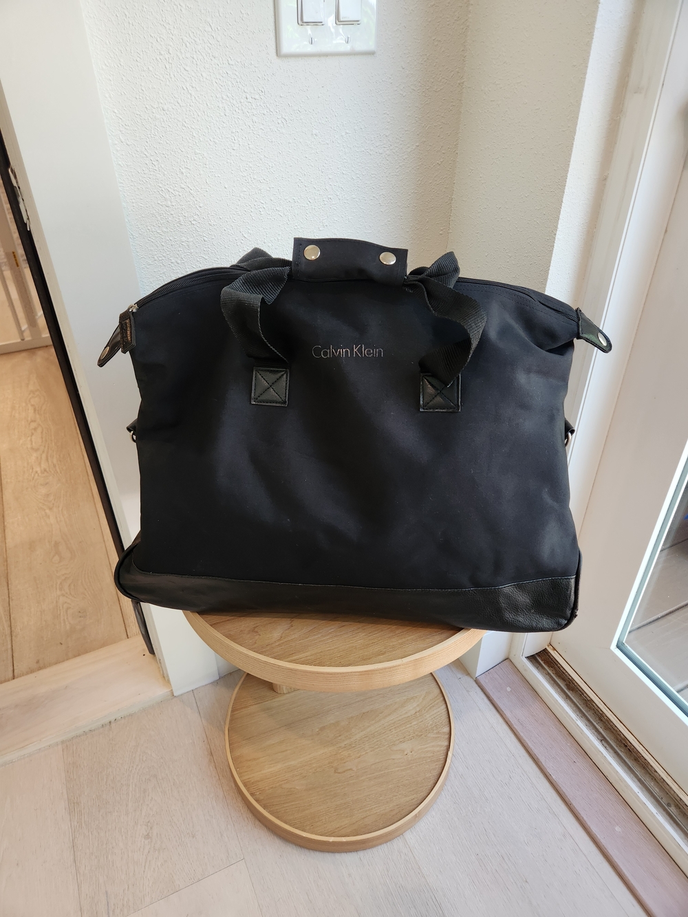 Calvin Klein Black Nylon Travel Duffle with Leather Trim And Crossbody Strap